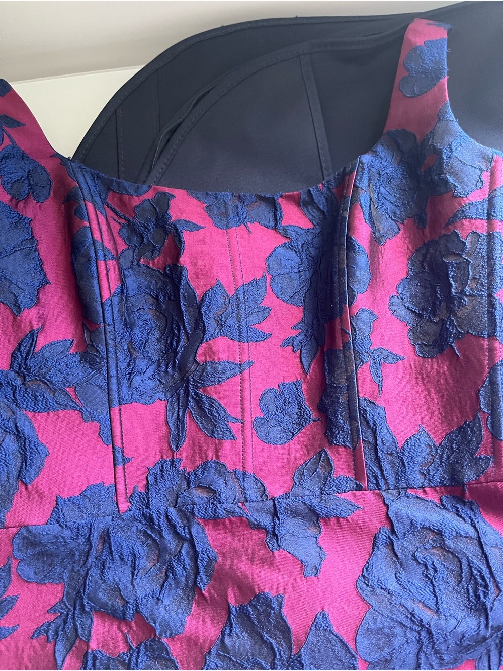 Dessy Collection Navy and Burgundy Floral Jacquard Sleeveless Trumpet Gown - Picture 4 of 8